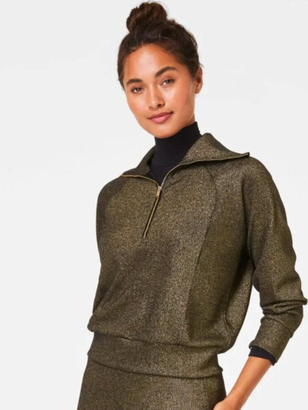Spanx AirEssentials Shine Metallic Half Zip Pullover Gold XL